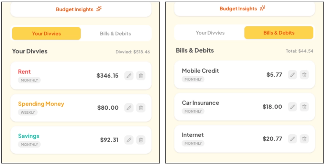 Divvies and Bills Segmented Tab Views